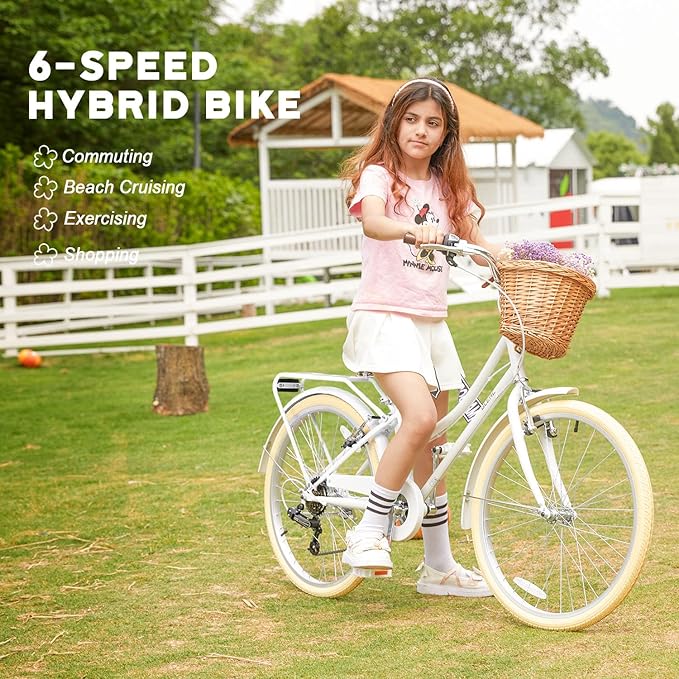 Glerc 20 24 26 Inch Beach Cruiser Bike, 6-Speed Hybrid City Bicycle for Girls Youth and Over 6 Years Old, Missy Bike with Wicker Basket & Lightweight, Multiple Colors