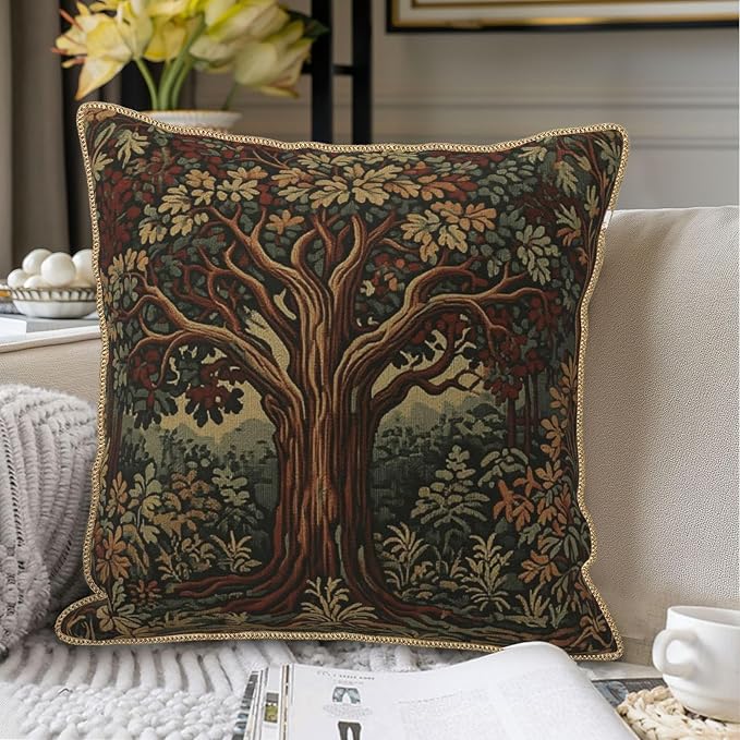 Vintage Forest Tree Velvet Pillow Covers 18x18 Inch Green Retro Tapestry Throw Pillows for Couch Cushion Covers Pillowcase Boho Farmhouse Pillow Cases for Sofa Bed Bedroom