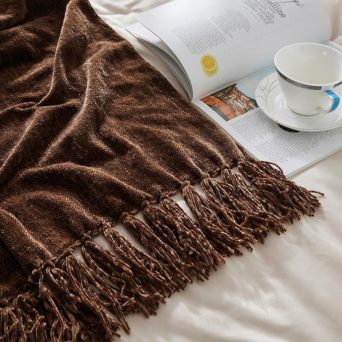 CozeCube Chenille Throw Blanket, Dark Brown Fringe Blanket, 60"X80" | For Couch, Cozy Plush Fuzzy Decorative Blanket with Fringe Tassels, Lightweight Throws for Bed Sofa Gift Home Decor