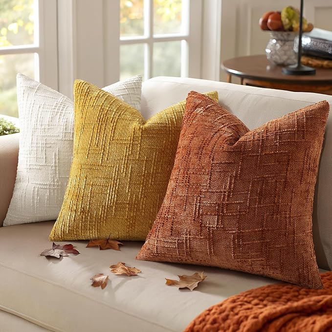 decorUhome Textured Chenille Throw Pillow Covers 22x22 Set of 2 Rust | Fall Modern Farmhouse Soft Cozy Slubby Couch Pillow Cases Boho Decorative Pillow Cases for Bed Sofa Living Room Home Decor