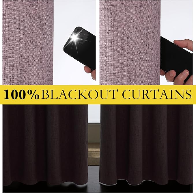 NICETOWN Chaise Mauve Vintage Linen 100% Blackout Curtains for Dining Room, Thermal Insulated Curtains 54" Long, Noise Reducing Window Treatment Drapes for Kitchen, 42" Wide Per Panel, Set of 2