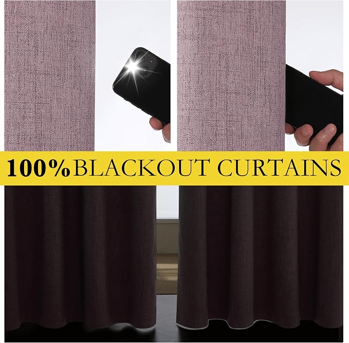 NICETOWN Chaise Mauve Vintage Linen 100% Blackout Curtains for Living Room, Thermal Insulated Curtains 72" Long, Noise Reducing Window Treatment Drapes for Hall Room, 52" Wide Per Panel, Set of 2