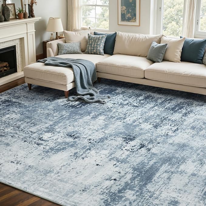 9x12 Ft Extra Large Washable Area Rugs for Living Room, Soft Non-Slip Modern Abstract Pattern Carpet for Bedroom Indoor Floor Nursery Home Decor (Blue)