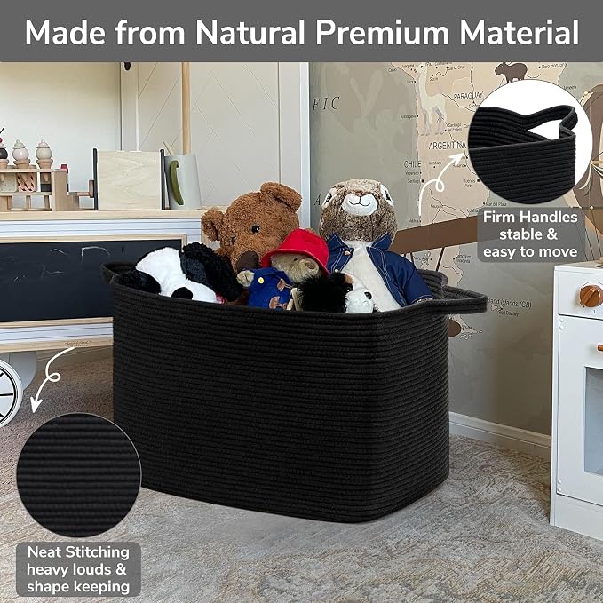 Goodpick 85L Large Woven Rope Blanket Basket, Rectangle, Black | 23.6'' x 15.7'' x 13.8'' Storage Basket for Blankets, Pillows & Toys, Living Room & Bedroom Organization, Reinforced Handles