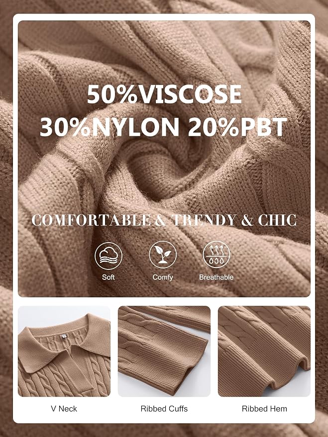 ANRABESS Womens Cable Knit Sweaters Long Sleeve V Neck | Pullover Collared Sweater Tops, Polo Knit Shirts, Business Casual Work, Tennis Golf, Fall Winter Fashion Outfits