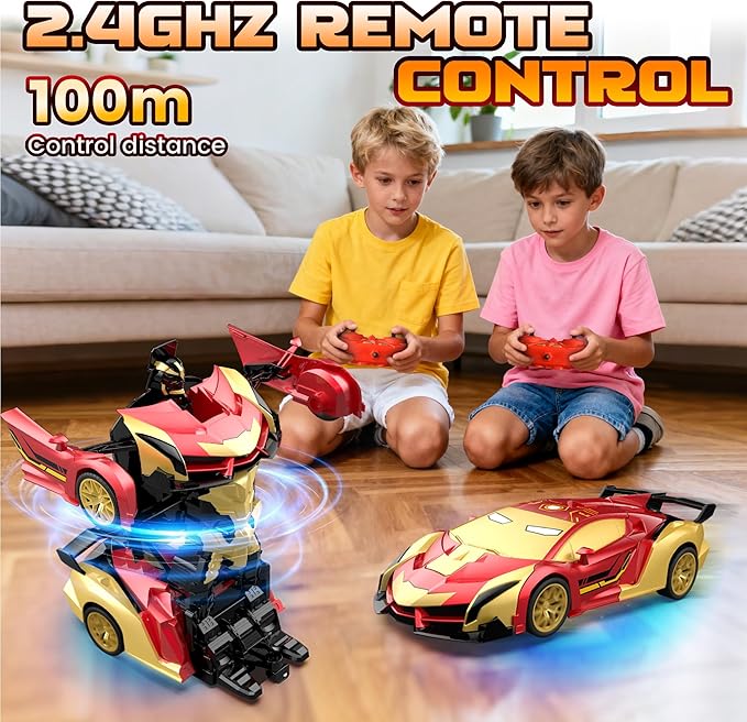 Transform RC Iron Man Cars Robot Toys with Underbody Lights, 2.4GHz Hero Remote Control Car One-Button Deformation, 360°Rotation Robot Car Toys Christmas Birthday Gifts for Kids Age 4 -12(1:18 Scale)