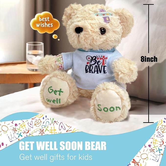 Get Well Soon Bear 2-Pack, 8" Plush Stuffed Animals with Broken Arm & Leg Cast, Cute Surgery Recovery Gifts for Kids, Boys, Girls, Toddlers - Be Brave Outfit & Get Well Soon Embroidery, Gift Ready