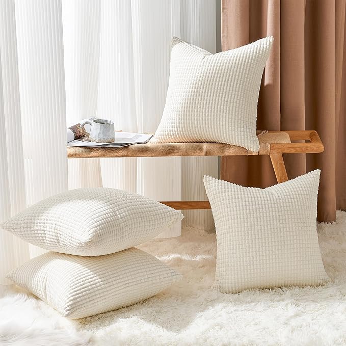 Topfinel 4 Packs Cream White Decorative Throw Pillow Covers 16x16 Inch for Living Room Couch Bed Sofa, Boho Western Farmhouse Home Decor, Soft Plush Corduroy Cute Square Beige Cushion Case 45x45 cm