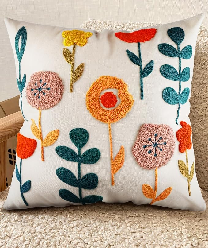 Embroidered Throw Pillow Cover - 18x18 Decorative Pillow Cover with Zipper Aesthetic Cute Design Boho Spring Summer Cozy Throw Pillowcase for Living Room Couch Sofa Bed, Plants
