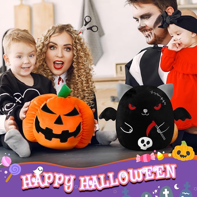 Halloween Reversible Pumpkin Plush, Soft Black Cat Stuffed Animal with Bat Wings and Skull, Halloween Plush Gift Home Decor for Boys Girls 10 Inch