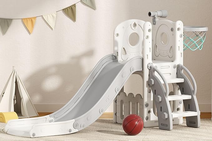 Glaf Toddler Slide 6 in 1 Outdoor Playset Indoor Playground for Kids Toddlers Age 1-3 Baby Slide with Basketball Hoop and Ball Storage Space and Telescope Freestanding Climber Slides Toys (Grey)