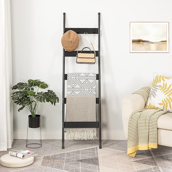 HOOBRO Blanket Ladder, 5-Tier Towel Rack with Hooks, Wall-Leaning Blanket Rack, Decorative Display Ladder Shelf, Scarves, Industrial, Living Room, Bedroom, Black BB52CJ01