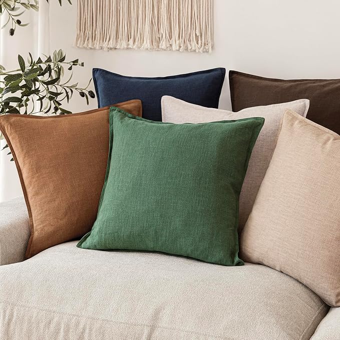 Foindtower Set of 2, Decorative Linen Solid Throw Pillow Covers Soft Accent Euro Cushion Case Farmhouse Neutral Pillowcase for Chair Couch Sofa Bedroom Living Room Home Decor 16 x 16 Inch Pine Green