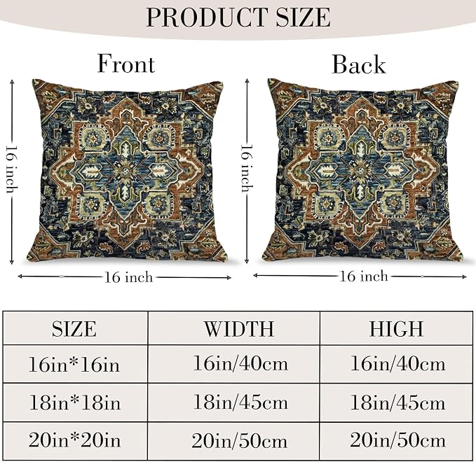 Boho Throw Pillow Covers 16x16 inch Set of 2,Bohemian Vintage Carpet Pattern Antique Ethnic Decor Double Sided Pattern Cushion Cover Soft Pillow Case Living Sofa Room Bed Square Pillow Cover