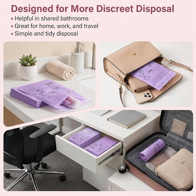 [110 Count] Bynibiny Purple Feminine Hygiene Disposal Bags for Pads | PE Self-Sealing Sanitary Napkin Bags with Adhesive Strip, 29x17cm, Teddy Bear Print, Discreet for Bathroom, Travel, Office