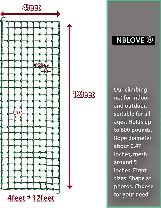 Outdoor & Indoor Premium Climbing Net - 8 Sizes Polyester Fiber. Easy Install with Extras. Handcrafted & Practical. Ideal Gift. (4ft x 12ft)