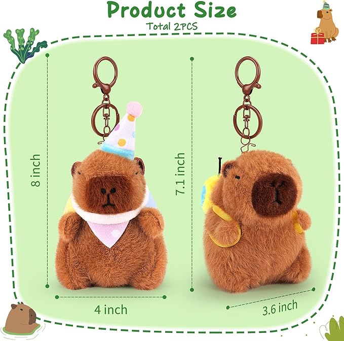 Achwishap 2PCS Capybara Plush Keychain,Cute Keychain Capybara Stuffed Animal,Soft Capybara Plush Toys Key Chain,Kawaii Plushie Stuffed Toys for Kids Adults(Bee Backpack,Birthday Capybara)