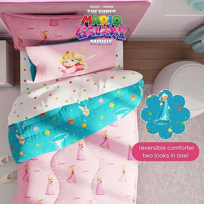 The Super Mario Galaxy Movie Bedding Set, Twin Size 5 Piece Set Kids Super Soft Cozy Reversible Comforter and Sheet Set with Sham, Princess Peach (100% Officially Licensed Product) by Franco