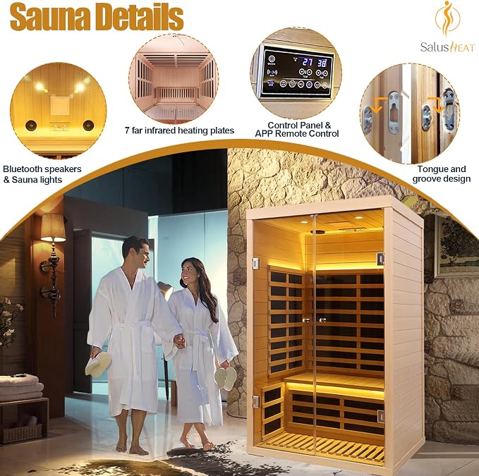 2 Person Infrared Sauna, Low EMF Far Infrared Sauna Hemlock Wooden Sauna for Home, 1780W Indoor Sauna with App & LCD Panel Control, Tempered Glass Doors