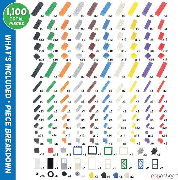 Play Platoon 1100 Pieces Building Bricks Set - 10 Classic Color Blocks - Bulk Building Blocks Compatible with Major Brands, 14 Different Shape Bricks - Includes Wheels, Tires, Axles, Windows & Door