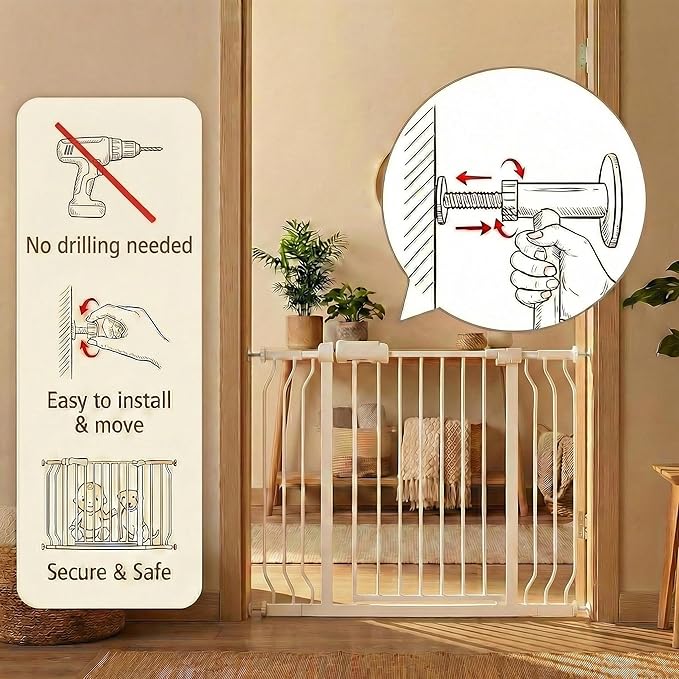 Heavy Duty Baby & Dog Safety Gate - Extra Wide 76.4-81.1 Inch, White Metal, Tension Mounted No Drilling Pet Gate for Stairs & Doorways, 30 Inch Tall