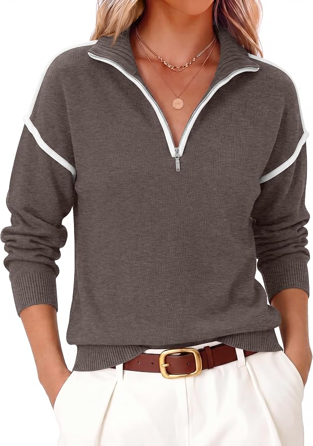 ANRABESS Womens Quarter Zip Sweaters Fall Long Sleeve V Neck Shirts Collared Business Casual Tops Knit Pullover Sweatshirts