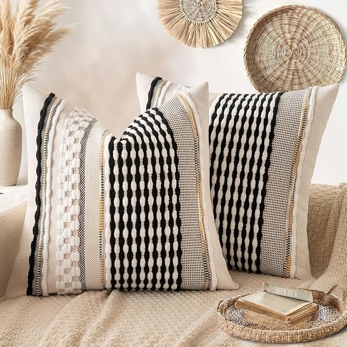 ANRODUO Boho Decorative Pillow Covers 18x18 Black-White Stripe Pack of 2 | Throw Pillow Covers, Farmhouse Cushion Case Chenille Pillow Cases Pillow Covers Accent Neutral Pillowcase for Sofa Couch Bed