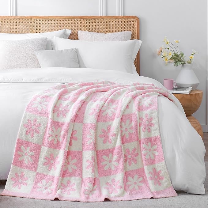Snuggle Sac Checkered Blanket, Pink Flower Throw Blanket for Couch Plaid Microfiber Fluffy Warm Cozy Fuzzy Soft Throw Blanket Reversible Checkered Blankets for Sofa, Chair, Bed, 50x60 inches