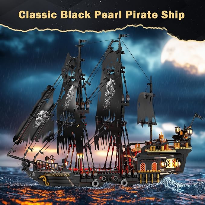 JMBricklayer Pirate Ship Building Toys with Lights, Pearl Pirate Ship Model Boat Kit 40002, Black Ship Toy Building Sets for Adult Teens 14+, Home Office Decor(1713 PCS) New Upgrade