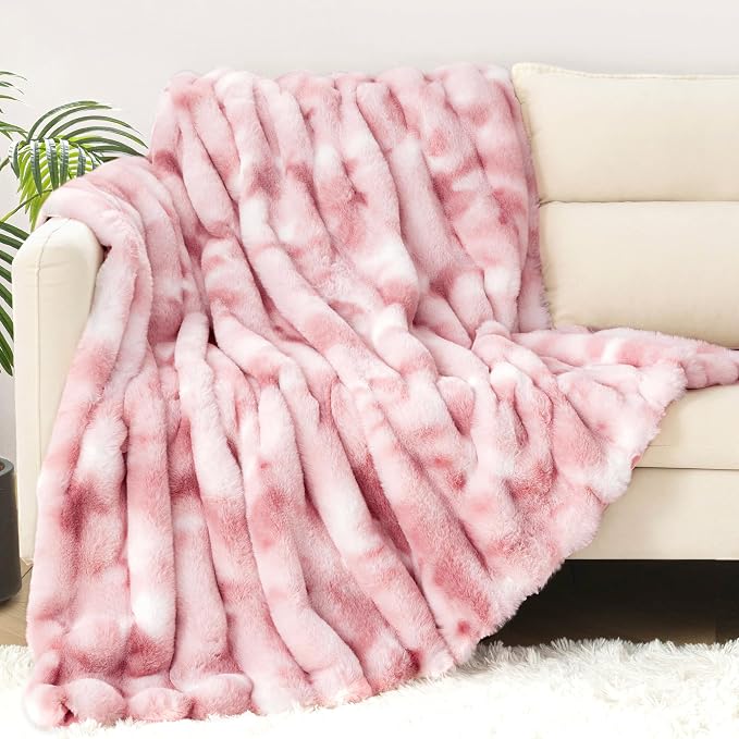 Luxury Faux Rabbit Fur Twin Blanket for Couch, Super Heavy Warm Cozy Throw for Sofa Bedroom Living Room, Ultra Soft Fluffy Reversible Plush Blankets for Home Decor Gifts, Tie-dye Pink