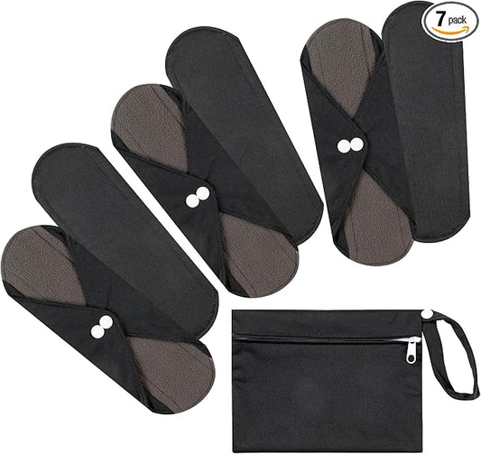 7pcs Set 1 pc Mini Wet Bag +6pcs Absorbent Reusable Sanitary Pads/Washable Cloth Menstrual Pads(Black,L)