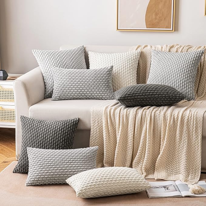 MIULEE Lumbar Decorative Throw Pillow Covers 12x20 Light Grey Corduroy | Textured Striped Pack of 2 Striped Pillow Covers Modern Farmhouse Home Decor for Couch Bed Sofa Living Room