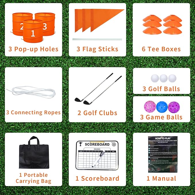 Orange 3PCS Backyard Golf Game, Set with:3Pop-Up Holes + 3 Flags + 6 Tee Boxes + 3 Game Balls + 1 Carrying Bag + 3 Connecting Ropes + 1 Scoreboard + 2 Clubs + 3 Golf Balls + 1 Manual,Outdoor