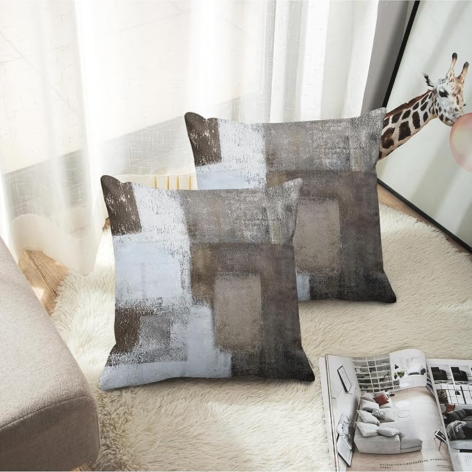 Emvency Throw Pillow Covers Set of 2, 18 x 18 Inch, Brown Grey | Abstract Modern Painting Outdoor Decorative Square Pillow Cases Couch Cushion Case for Couch Bed Sofa Living Room Home Decor