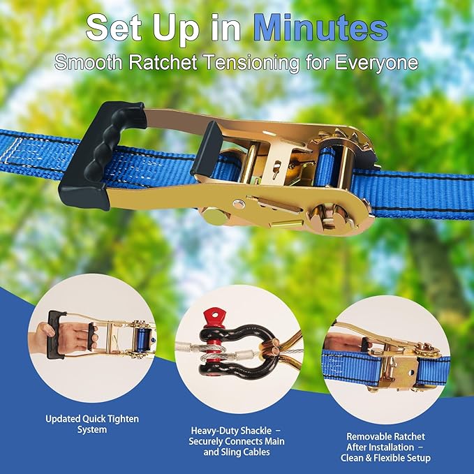 130FT Zip Line Kit for Kids & Adults, Up to 360 lbs - Updated Removable Trolley, Thickened Seat, Safety Harness, Quick Tighten - Backyard Outdoor Zipline with Tree Climbers, Christmas Birthday Gift