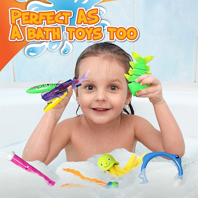 Chuchik 30 Pcs Diving Toys, Swimming Pool Toys for Kids Ages 4-8 8-12 with a Storage Net Bag. Pool Dive Toys for Kids. Pool Games, Swim Summer Water Toys. Include Diving Sticks & Pool Rings