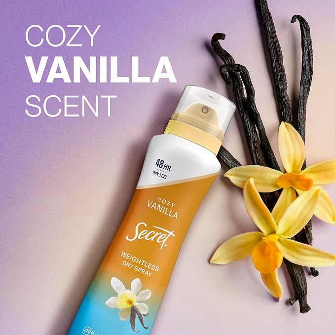 Secret Dry Spray Antiperspirant Deodorant for Women, 48hr Weightless Sweat & Odor Protection, Gentle on Skin, Cozy Vanilla Scent, 4.1 oz (Pack of 3)