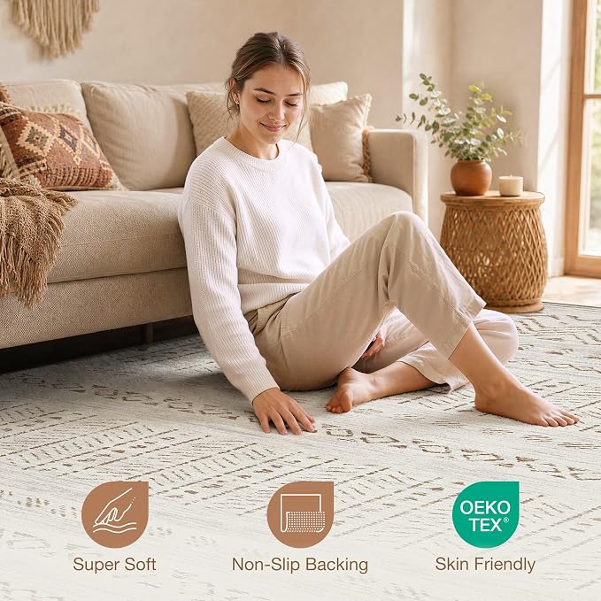 cotiled 5x8 Area Rugs Living Room Rug: Washable Boho Rugs with Non Slip Backing Large Soft Indoor Stain Resistant Carpet for Bedroom Farmhouse Dining Room Lightweight Home Decor Brown/Cream