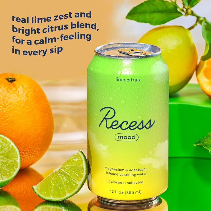Recess Mood Lime Citrus Functional Sparkling Water, Magnesium & Adaptogen Infused Sparkling Water, 12 Fluid Ounce (Pack of 12)