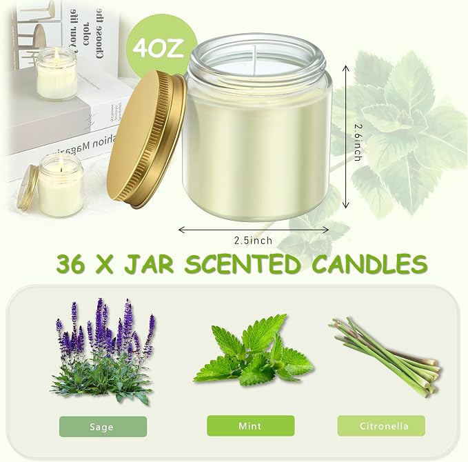 ACITHGL 36 Pcs 4oz Mini Mason Jar Candles Small Scented Candles Bulk Aromatherapy Ideal Souvenir Favors for Wedding Birthday Party (Sage, Mint, Citronella, Gold)