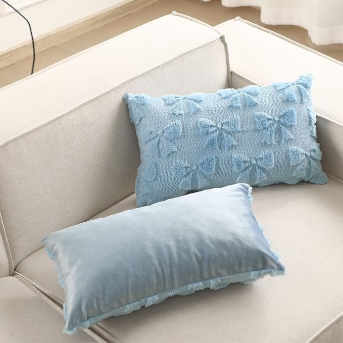 Mixweer Blue Bow Pillow Covers Set of 2 Preppy Room Decor Coquette Cute Spring Summer Decorative Faux Fur Soft Bowknot Stuff Fluffy Plush Aesthetic Pillowcase for Bed Sofa Couch (12 x 20 Inch)