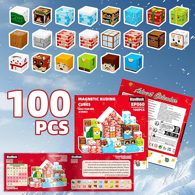 RiceBlock 100PCS Magnetic Blocks Toys for Kids, Advent Calendar 2025-14 Days Countdown Christmas, Science Learning Toys,Magnetic Cubes Building Blocks Toys for New Year