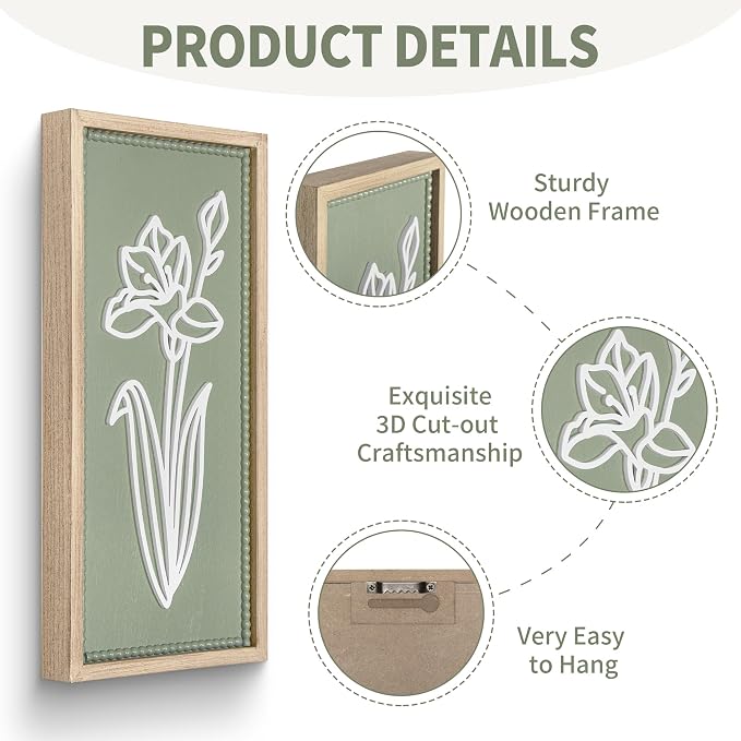 Sage Green Bathroom Wall Decor Set of 2, Framed 3D Wooden Floral Wall Art | Raised white floral cutouts in rectangular frames, ready to hang; rustic boho farmhouse decor for bedroom and hallway walls