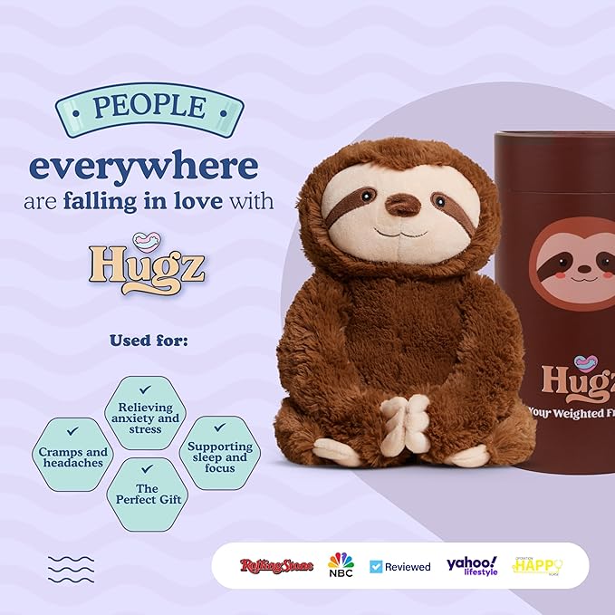 Hugz Official Sid The Sloth – Premium Weighted Stuffed Plushie 3.8 lb for Adults & Kids – Microwavable Stuffed Animal – Heatable & Coolable – Super Soft Fur – Gift Ready Tube Packaging