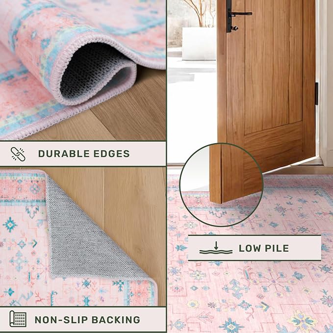 Washable 3x5 Pink Rugs for Girls Bedroom Beside Bed, Nursery Rug, Soft Faux Wool Low Pile Non Slip Stain Resistance Carpet, Pink & Blue