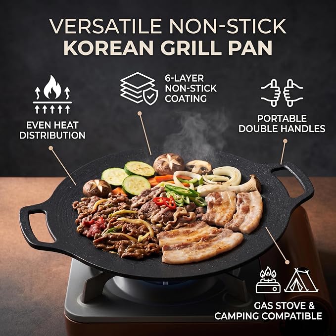 VBESTLIFE Korean Grill Pan, Double Handle Non Stick 6 Layer Coating Aluminum Alloy Gas Cooker Round BBQ Griddle for Outdoor Camping