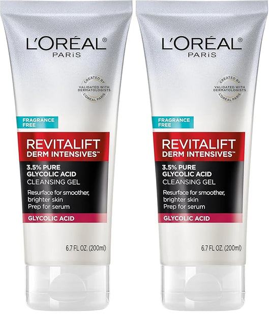 L'Oreal Paris Revitalift 3.5% Pure Glycolic Acid Brightening Cleansing Gel wth Salicylic Acid 6.7 fl oz,(Pack of 2)