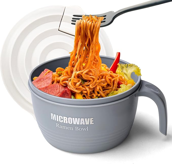 Layron Ramen Cooker Bowl - 45 oz Microwaveable Noodle Bowl Ramen in few Minutes- BPA Free and Dishwasher Safe Set with Chopsticks Perfect for Dorm, Small Kitchen, or Officee (grey)