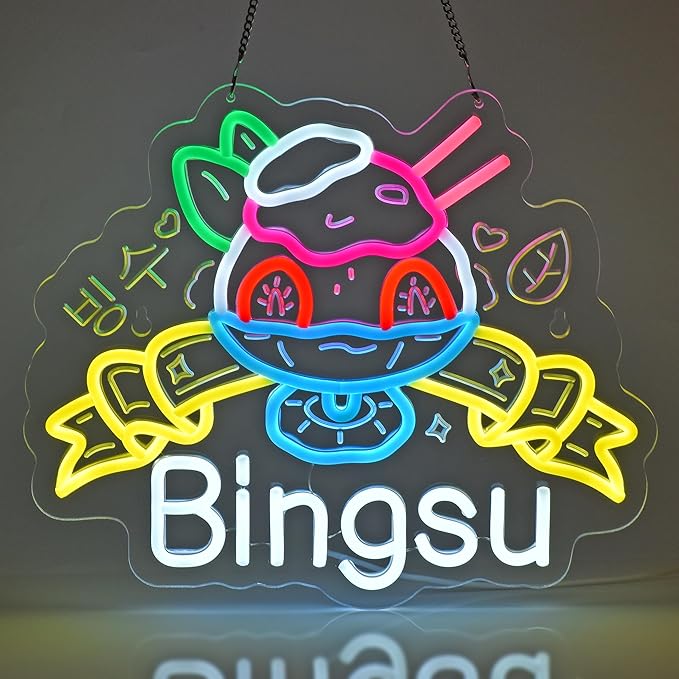 Bingsu Neon Sign,Korean Shaved Ice LED Light Sign Wall Decor | Neon Lights Hanging Wall Art Decoration for Korean Restaurant Ice Cream Cafe Party Home Decor, USB Powered,Dimmable,15×12.2In