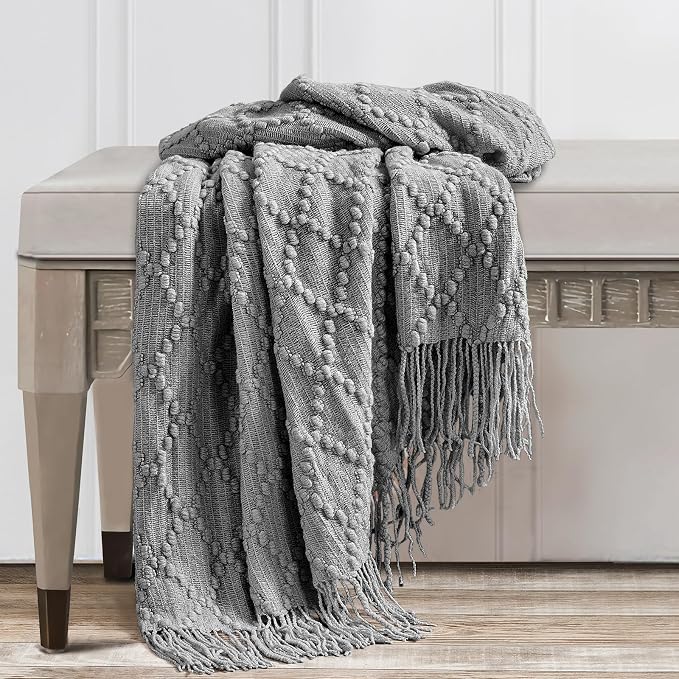 BOURINA Light Grey Throw Blanket 50 x70 Inch Jacquard Throw Knitted Blanket | Jacquard Argyle Throw Textured Solid Soft Throws and Blankets for Sofa or Bed Knitted Decorative Blanket